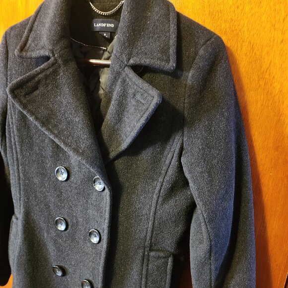 Women's Size 8 Lands' End Black Double Breasted Wool Cashmere Blend Pea Coat - Picture 4 of 10